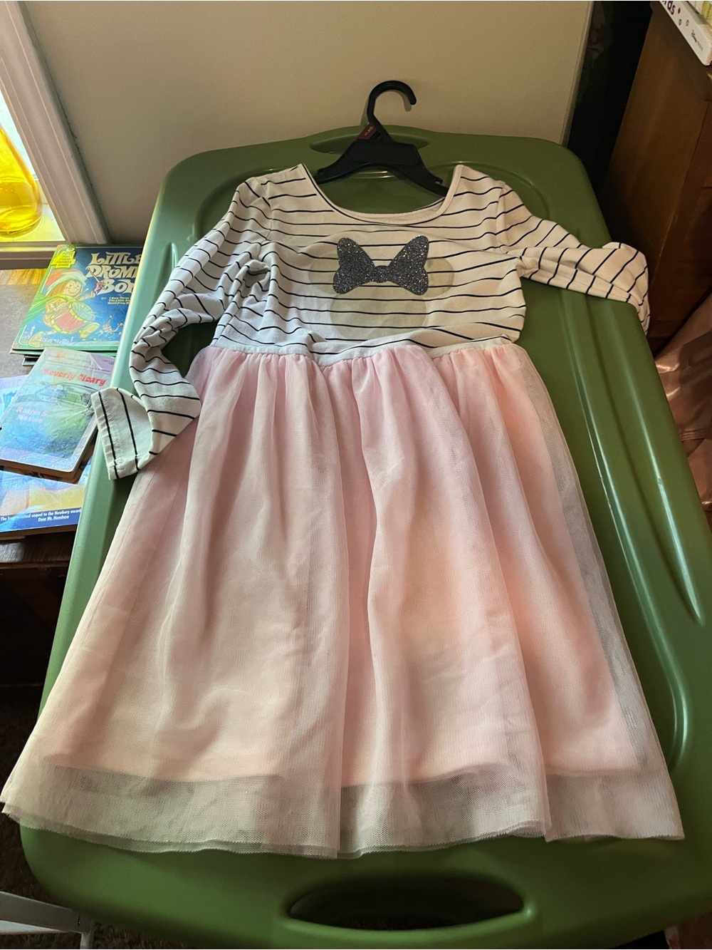 Disney Pink Tulle Skirt Striped Long-Sleeve Dress with Glitter Bow